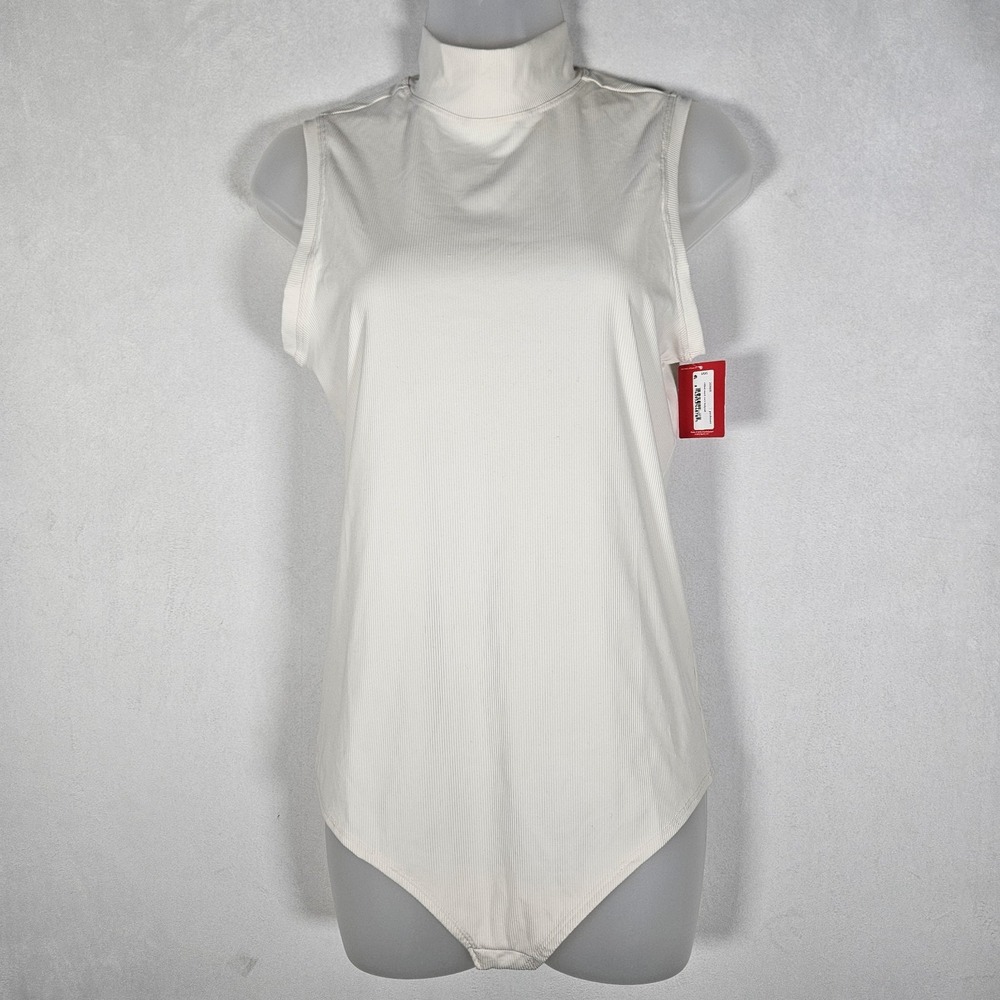 Spanx Bodysuit Women L White Parchment Ribbed Mock Neck Sleeveless Base Layer